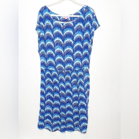Lilly Pulitzer Blue Curves Print Knit Sadie Dress Size XL Smocked Elastic Waist - Picture 2 of 6